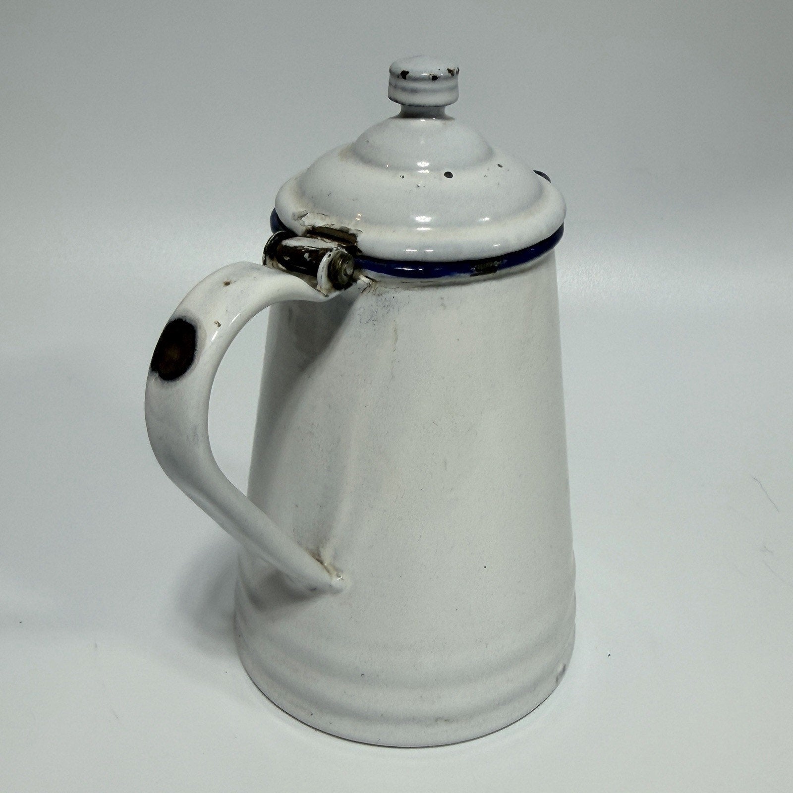 Vtg Small Enamel L&G White Blue Trim Hinged Lid 3 Cup Coffee Pot 6.5" AS IS