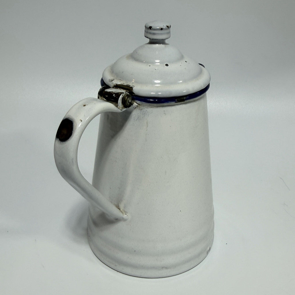 Vtg Small Enamel L&G White Blue Trim Hinged Lid 3 Cup Coffee Pot 6.5" AS IS