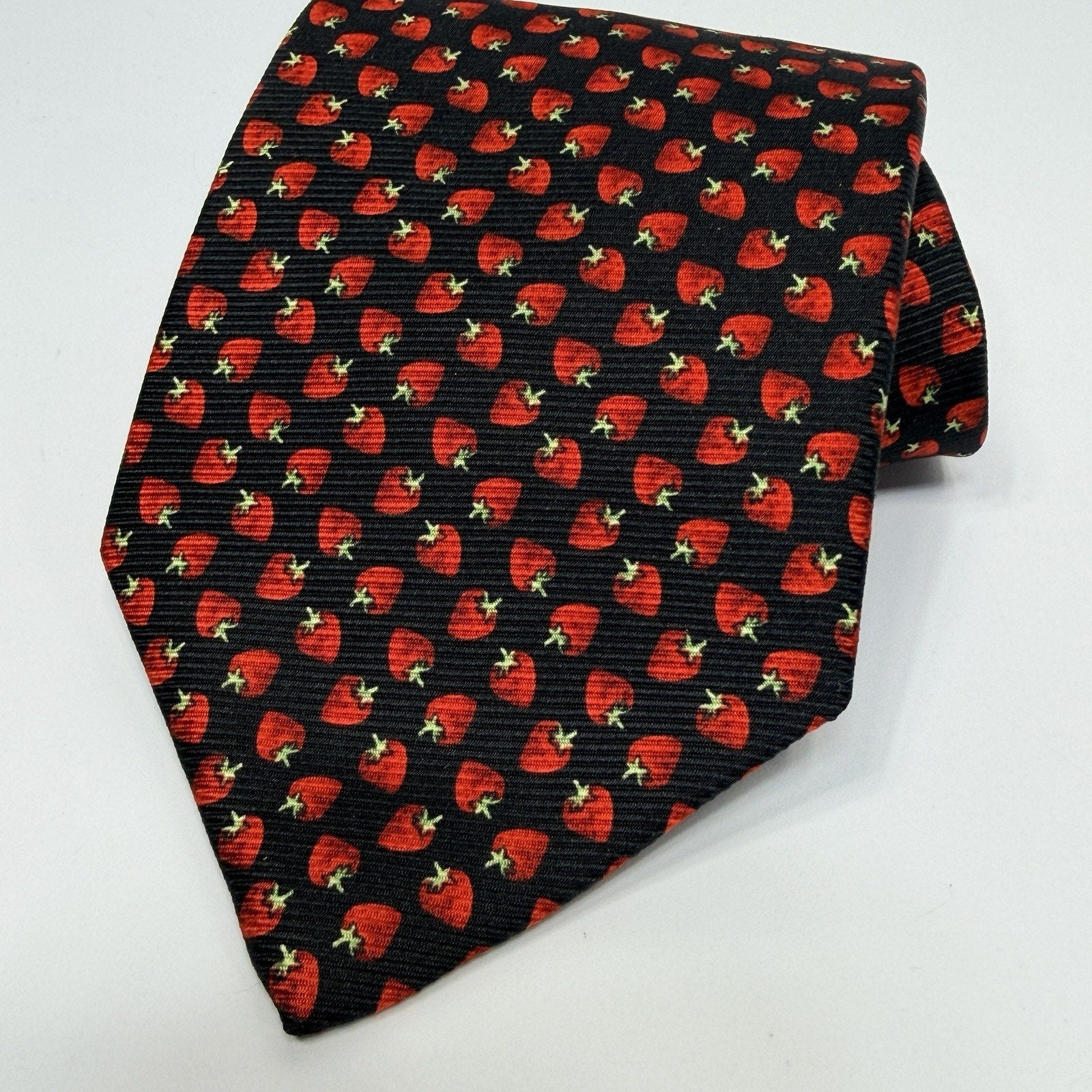 Brooks Brothers Strawberry Neck Tie Silk Black Red Novelty USA Summer 3.5"