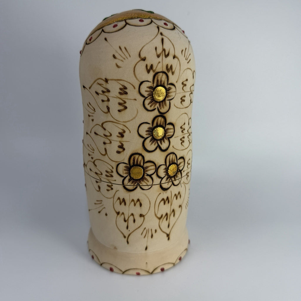 9 Pc Russian Nesting Doll Natural Wood Gold White Flowers Burned Painted 8.5"
