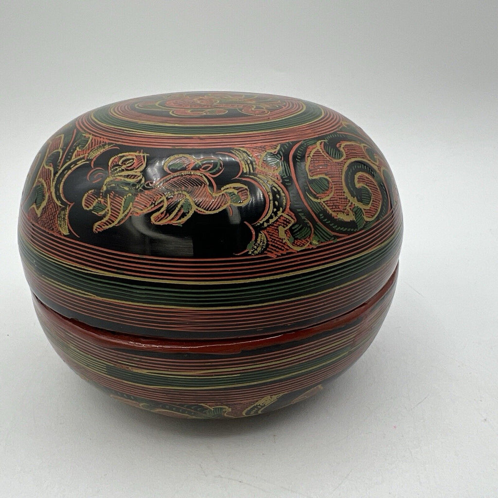3 Vtg Round Burmese Laquer Nesting Boxes Black Red Green Firebird Hand Painted