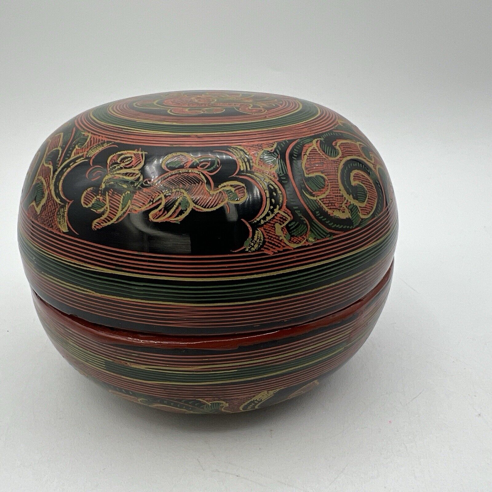3 Vtg Round Burmese Laquer Nesting Boxes Black Red Green Firebird Hand Painted