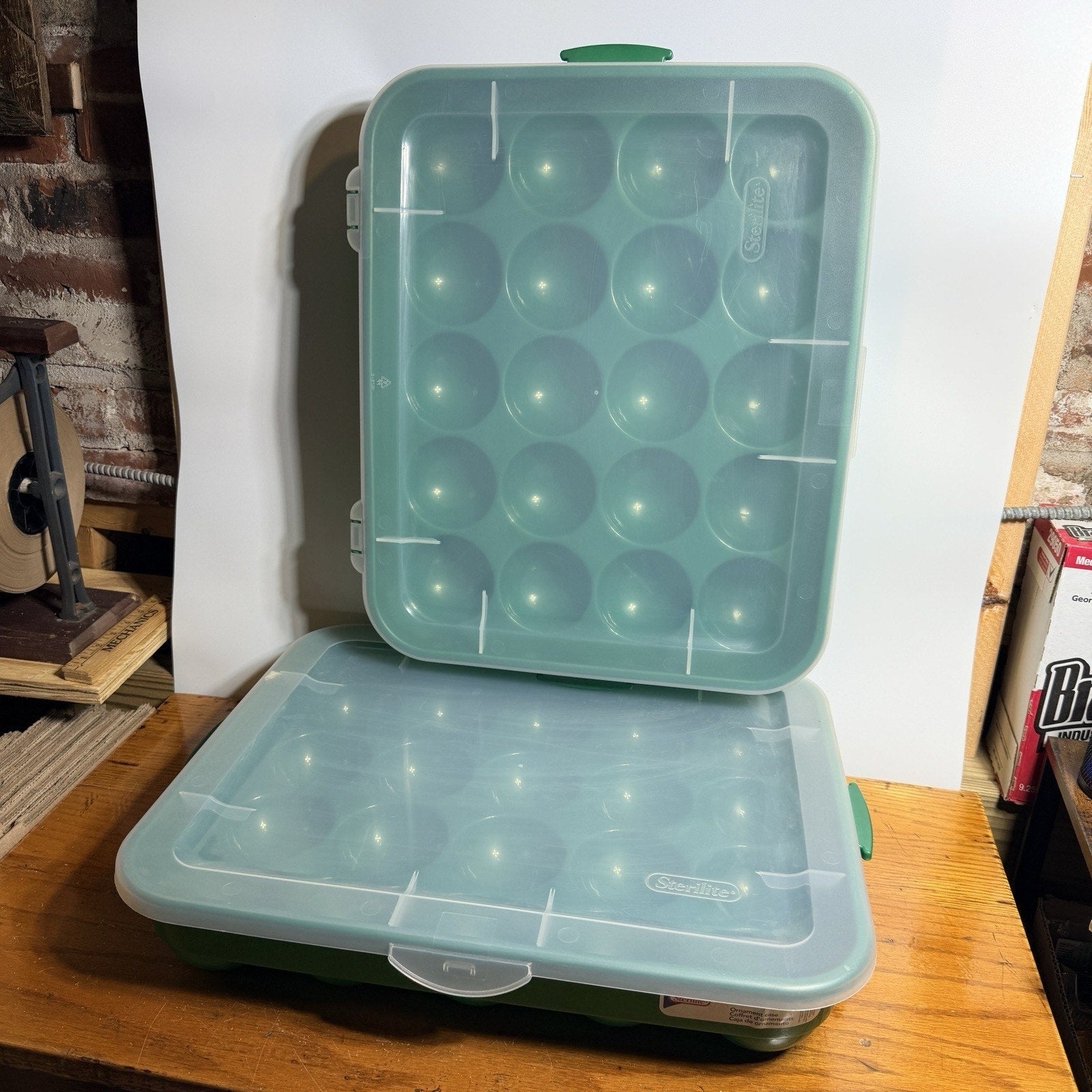 2 Green Sterilite Ornament Storage Box Case 20 Piece Hinged Lid Snap Closure 20"