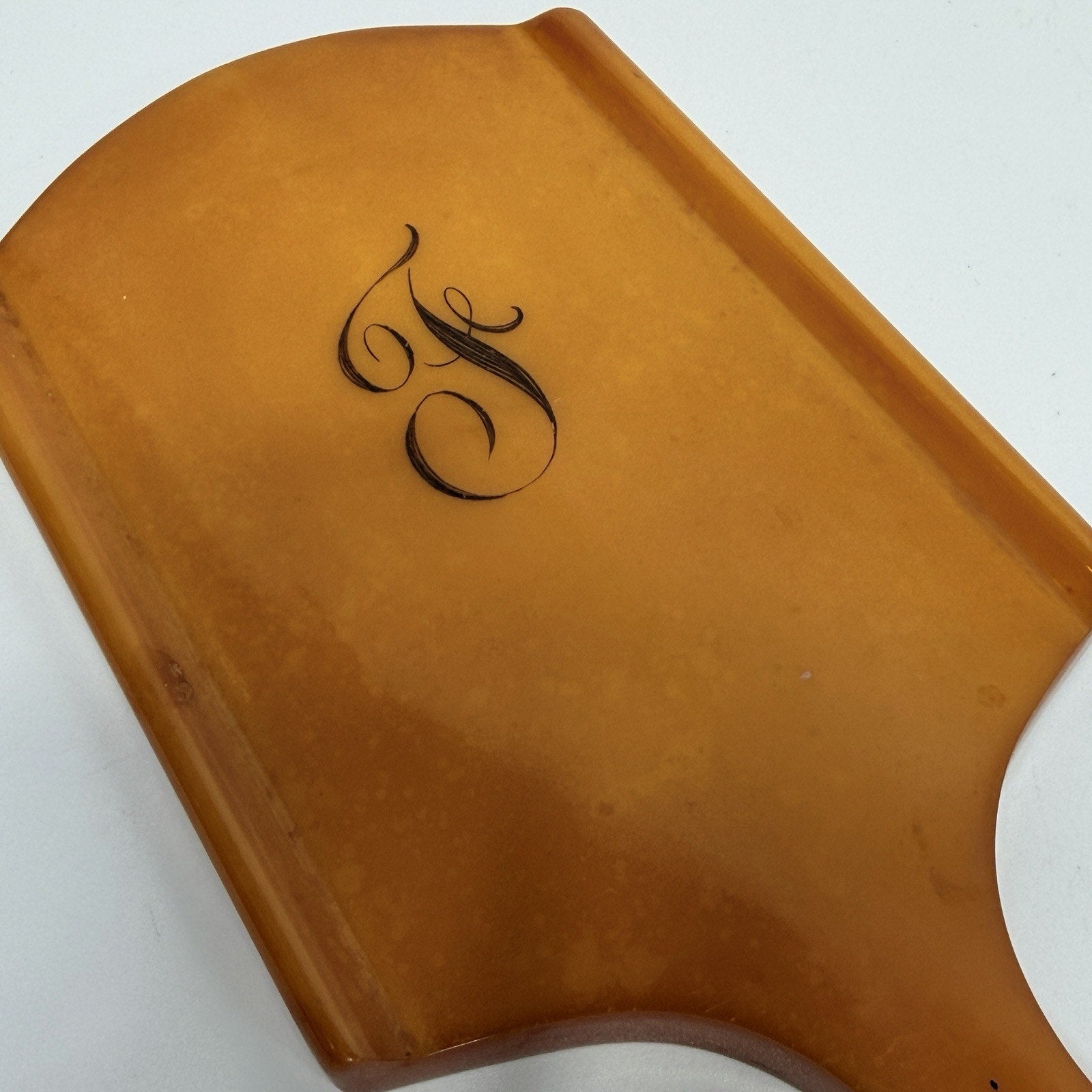 Butterscotch Bakelite Beveled Glass Handheld Vanity Mirror Elizabeth Arden 12"
