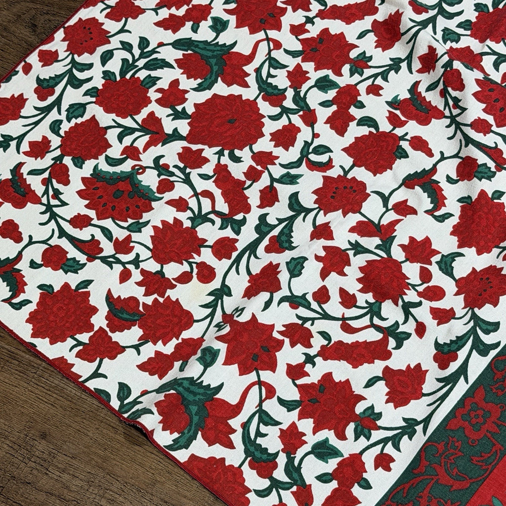 Vintage Vera Neumann Red Green Christmas Floral Linen Tablecloth 70s 64x84"
