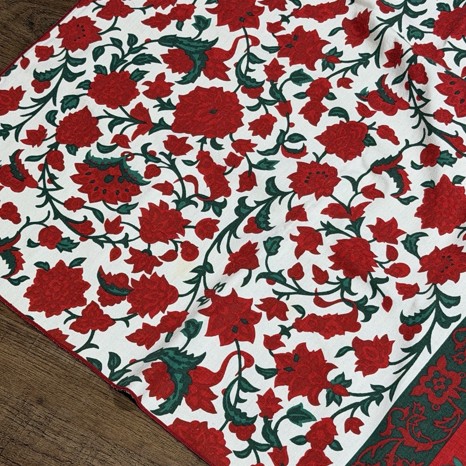 Vintage Vera Neumann Red Green Christmas Floral Linen Tablecloth 70s 64x84"
