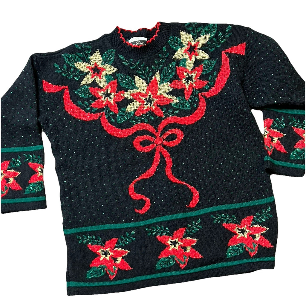 Vtg Ugly Christmas Sweater Womens Medium Black Red Poinsettia Dana Scott 80s