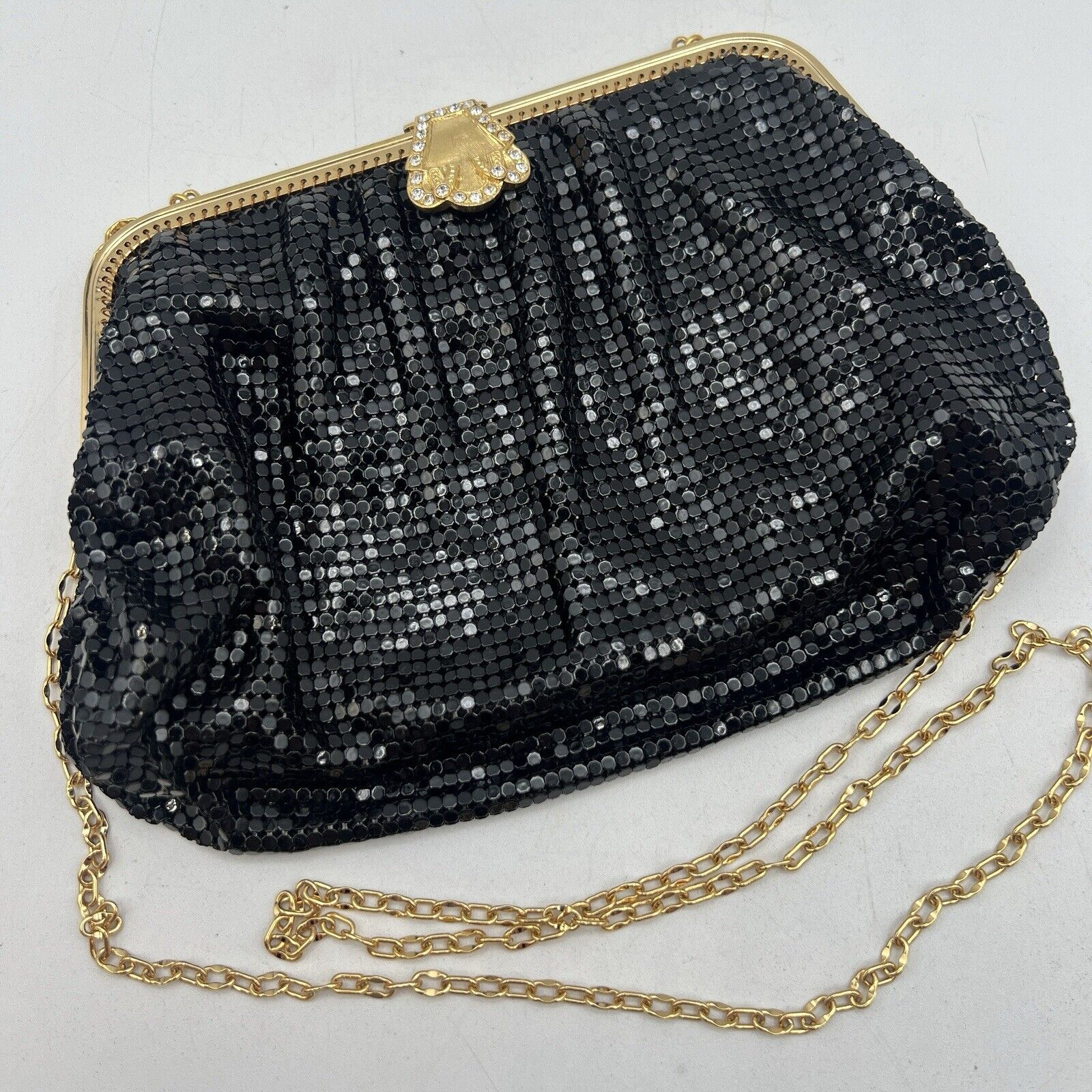 Whiting Davis Black Mesh Purse Gold Rhinestone Clasp Vintage Evening Cocktail 7"