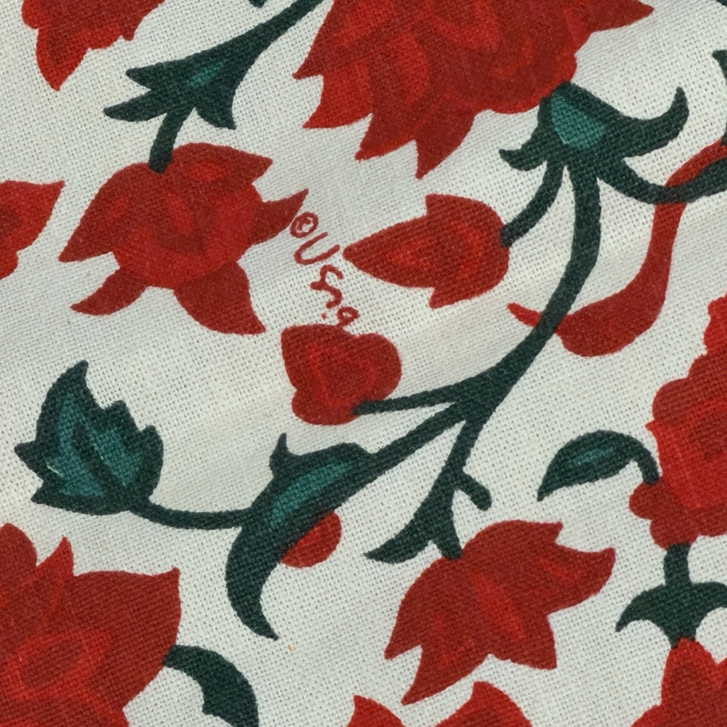 Vintage Vera Neumann Red Green Christmas Floral Linen Tablecloth 70s 64x84"