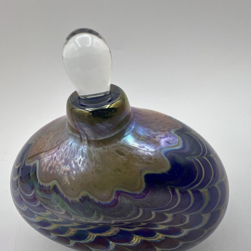 Blown Art Glass IRIDESCENT Perfume Bottle Purple Gold SIGNED 86 Fellerman 4"