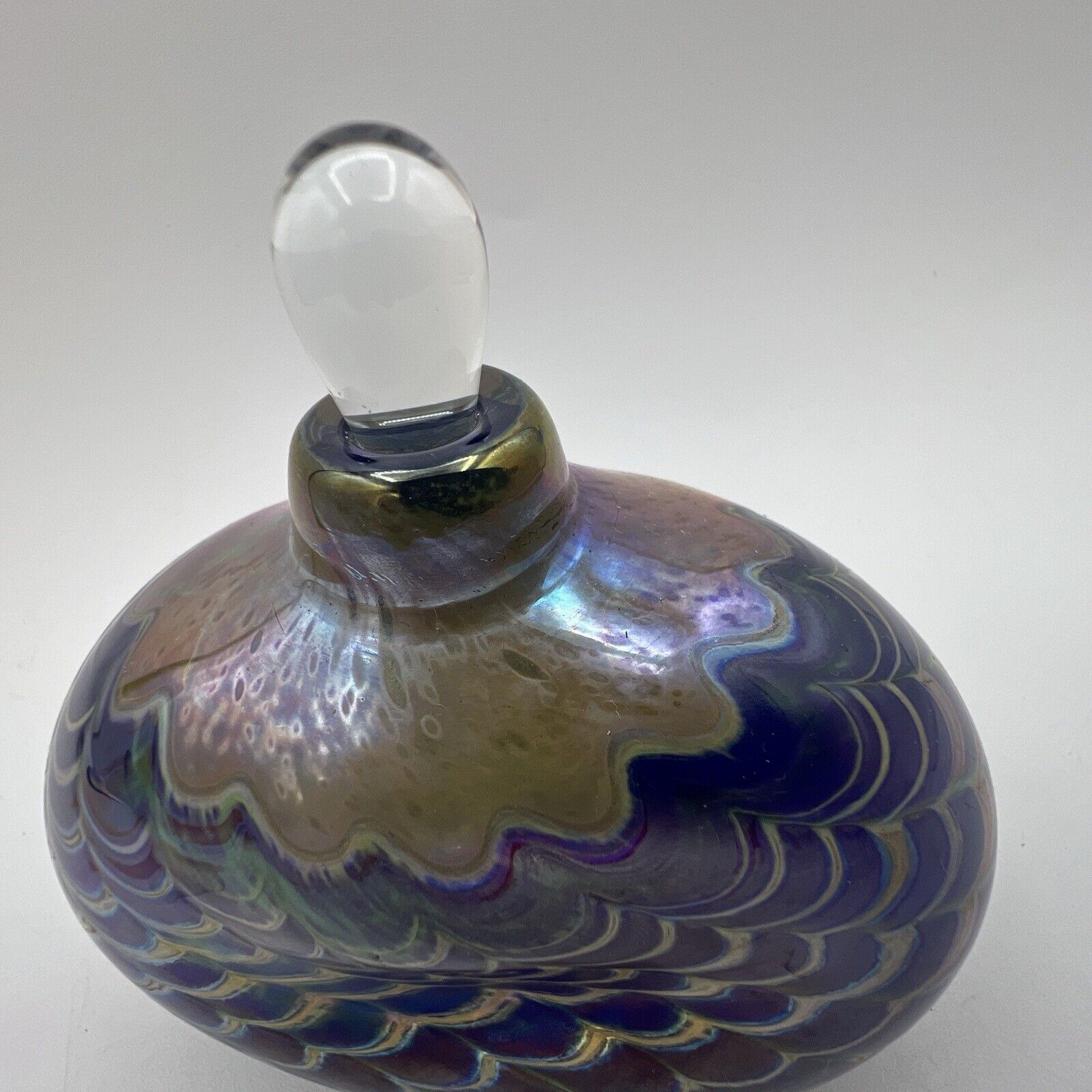Blown Art Glass IRIDESCENT Perfume Bottle Purple Gold SIGNED 86 Fellerman 4"