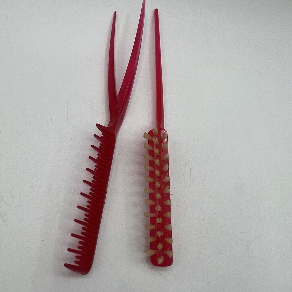 Set Vintage Adorn Hairspray Teasing Finishing Comb Brush Pink Lucite 6.5"
