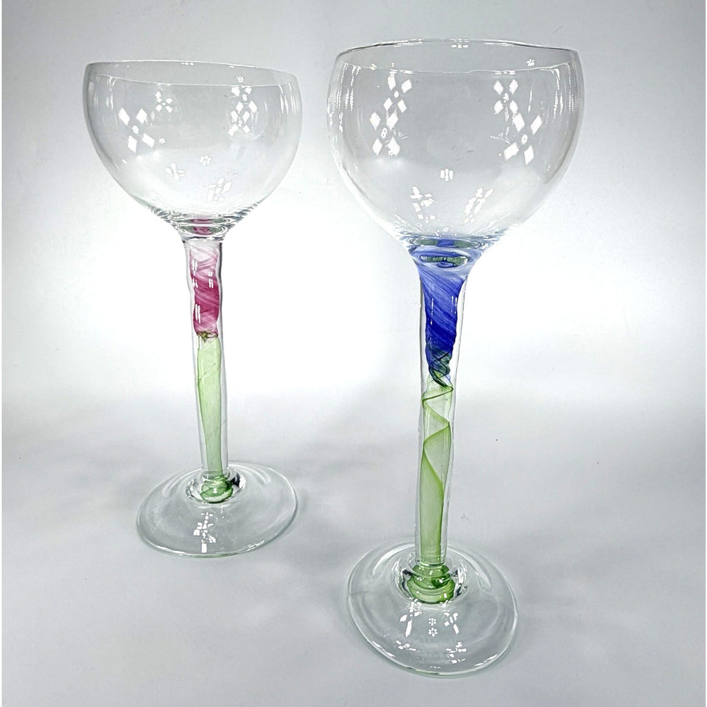 Set 2 Chris Baker Salmon Art Glass Wine Glass Pink Blue Swirl Signed 8.5"