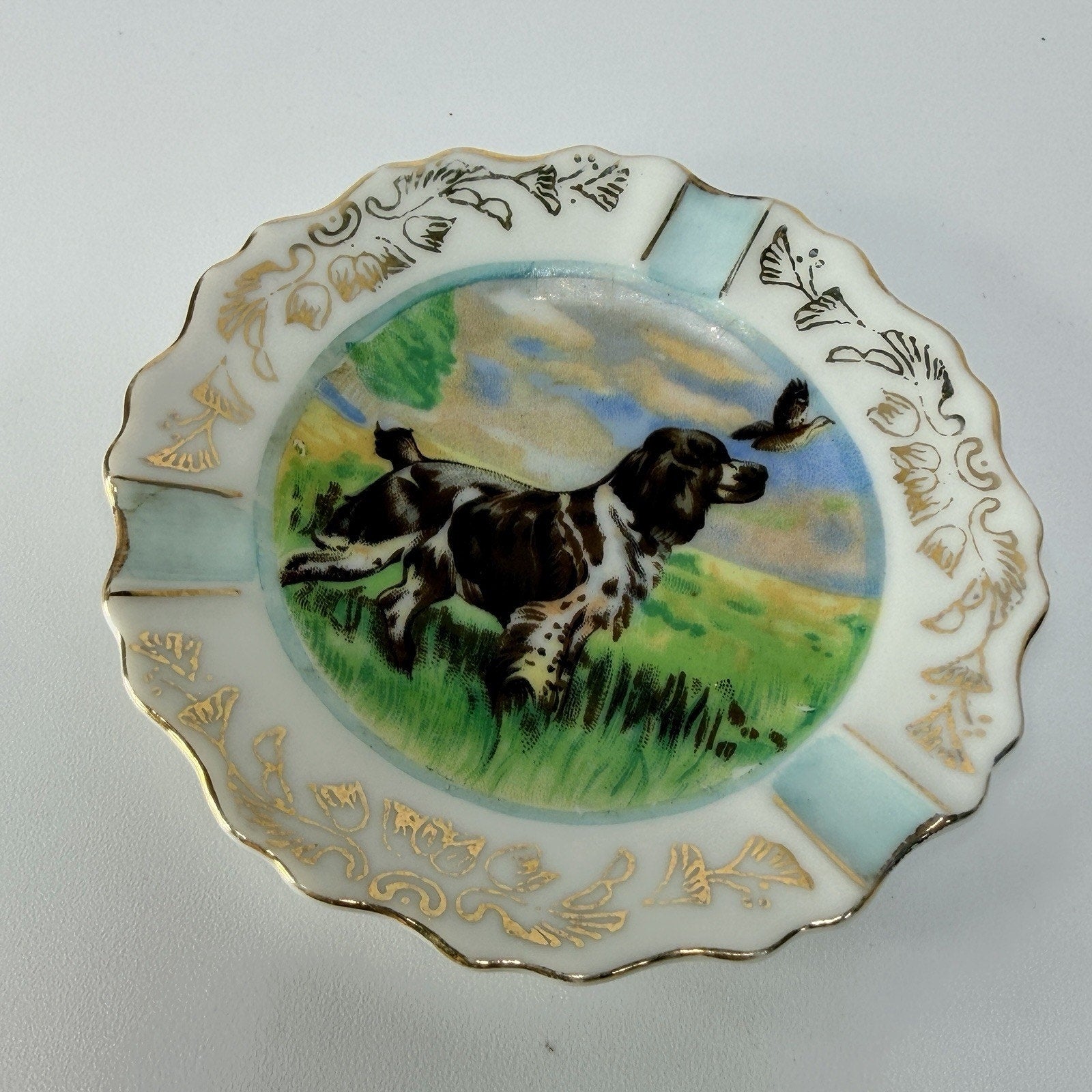 Porcelain English Setter Springer Spaniel Dog Porcelain Ashtray Plate 4" Hunting