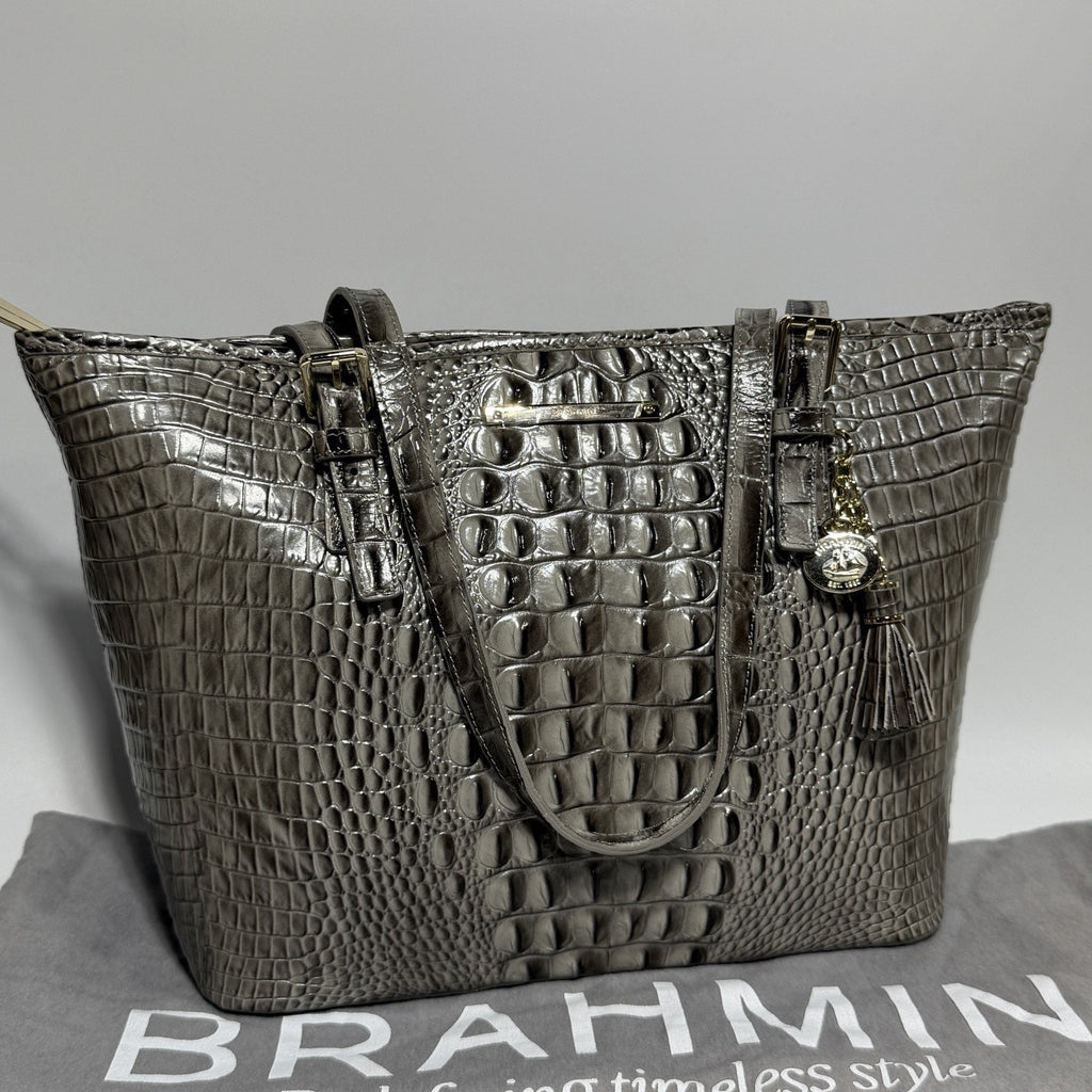 Brahmin Asher Leather Tote Purse Medium Embossed Croc Gray Falcon 15" NEW w/ tag
