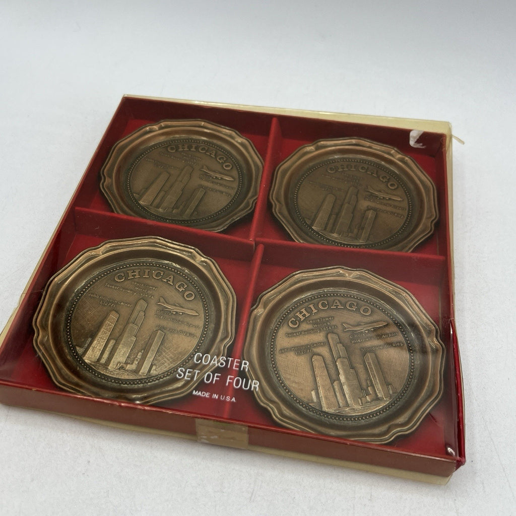 Set 4 Vintage Metal Chicago Souvenir Drink Coasters Bronze Barware O'Hare Sears
