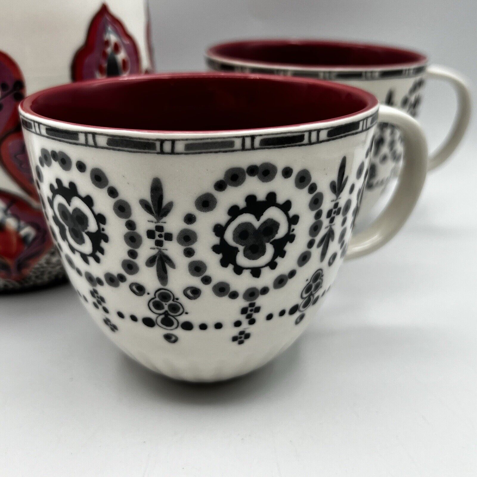 Anthropologie Revella Pitcher & Mugs Set Pink Blue Boho Feathers Ikat