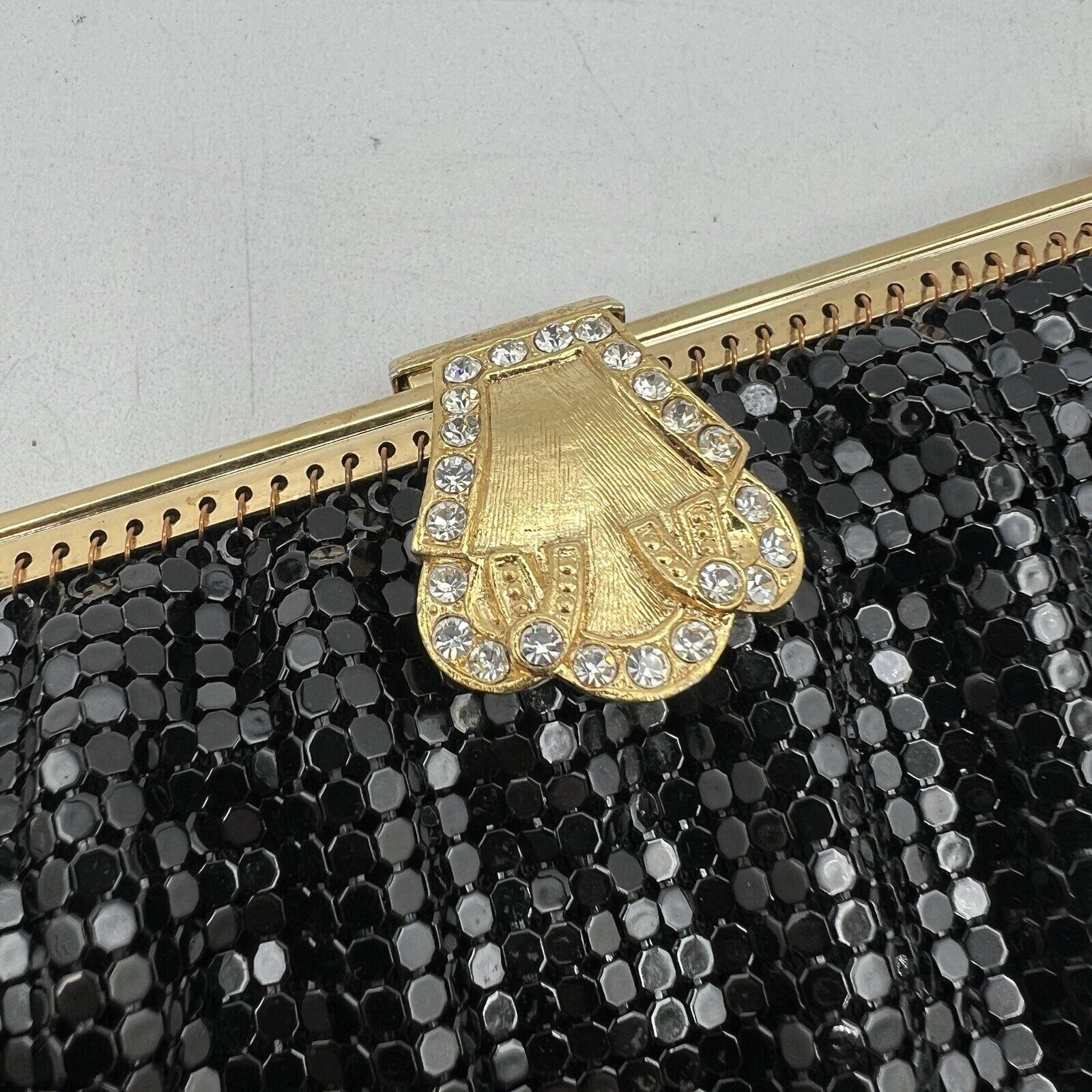Whiting Davis Black Mesh Purse Gold Rhinestone Clasp Vintage Evening Cocktail 7"