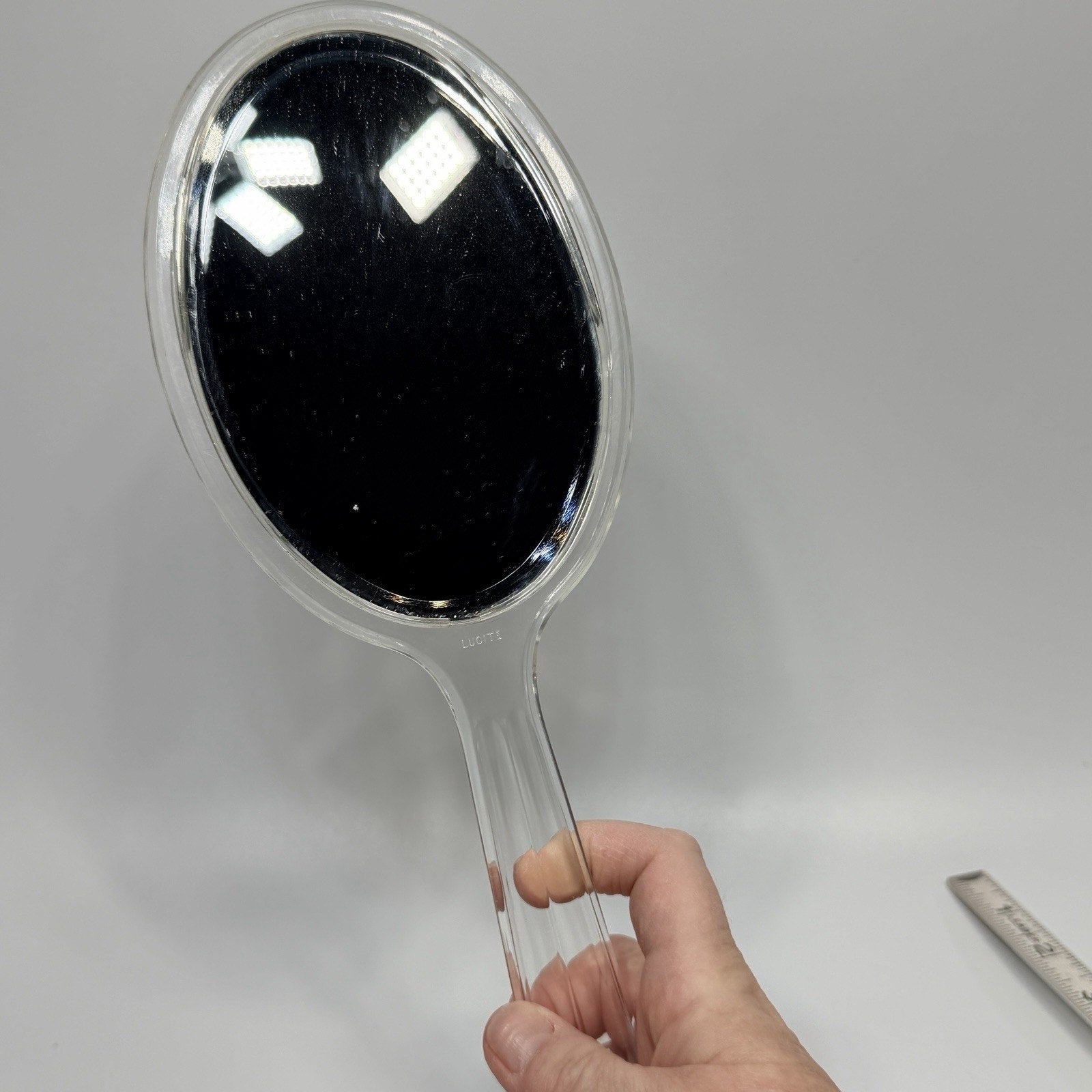 Vintage Clear Lucite Oval Hand Mirror Double Beveled Glass Marked 12" MCM Vanity
