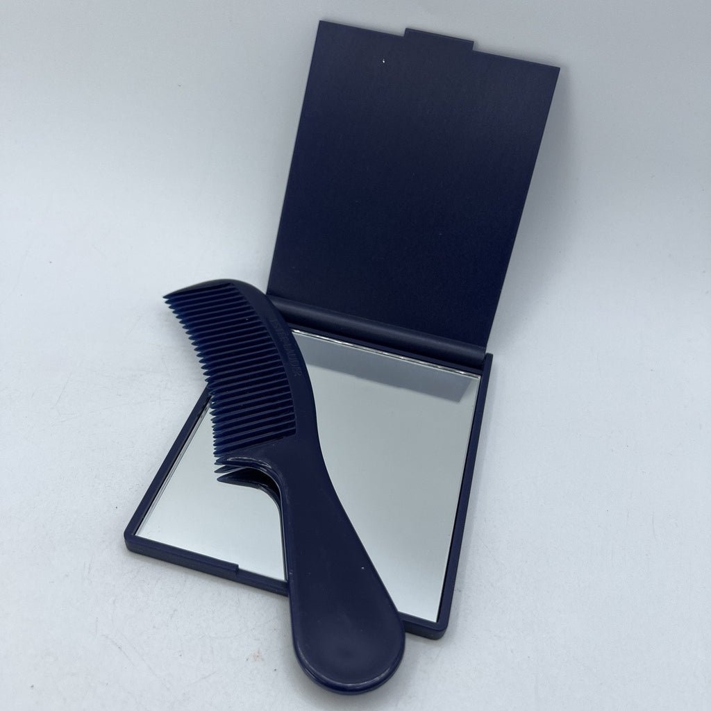 Set Vintage Dark Navy Blue Estee Lauder Pocket Comb 6" & Travel Compact Mirror