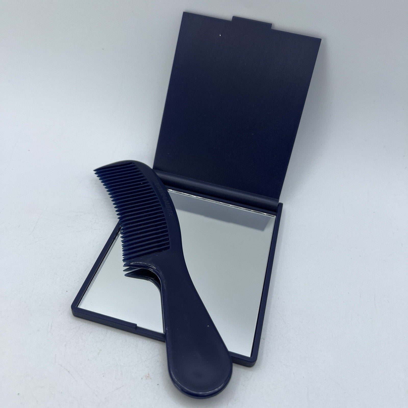 Set Vintage Dark Navy Blue Estee Lauder Pocket Comb 6" & Travel Compact Mirror