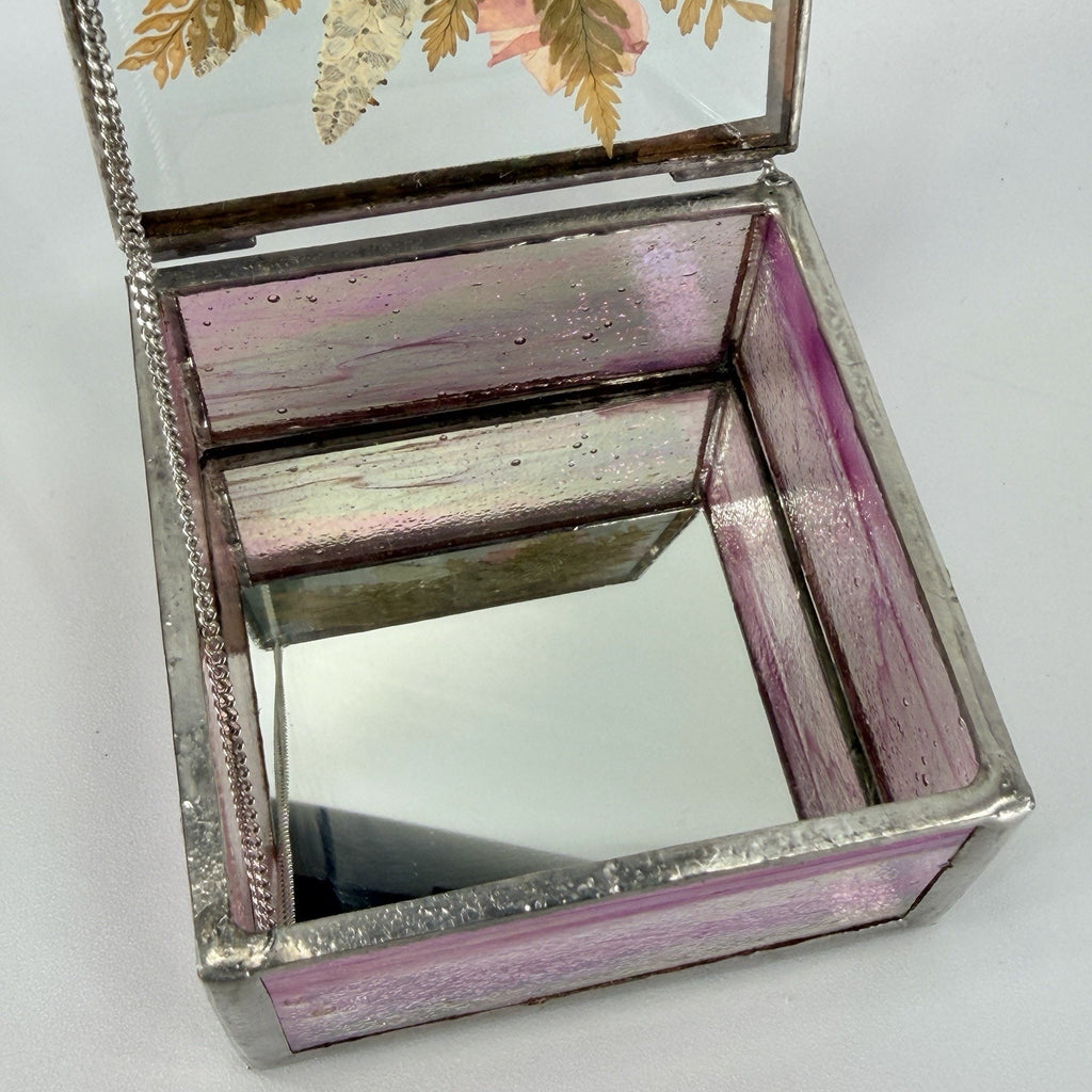 Pink Pressed Flower Stained Bevel Glass Jewelry Trinket Box Mirrored 3.5"