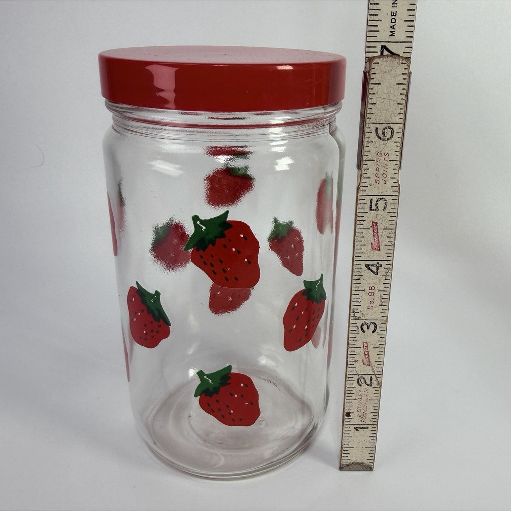 Vintage Strawberries Glass Jar Plastic Twist Top Canisters Red 7" Fruit
