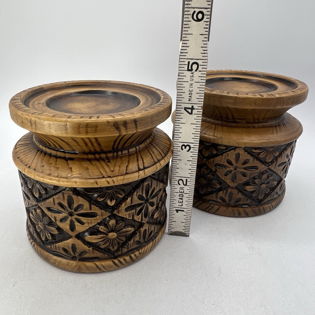 2 Vtg Mid Century MCM Ceramic Faux Carved Wood Brown Candle Holders 1970s Boho