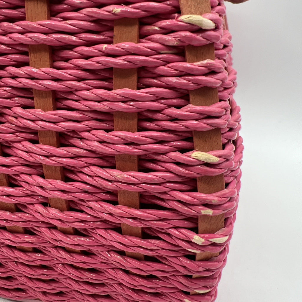 Vintage Pink Wicker Paisley Sewing Basket Japan Handle 7x10" Retro