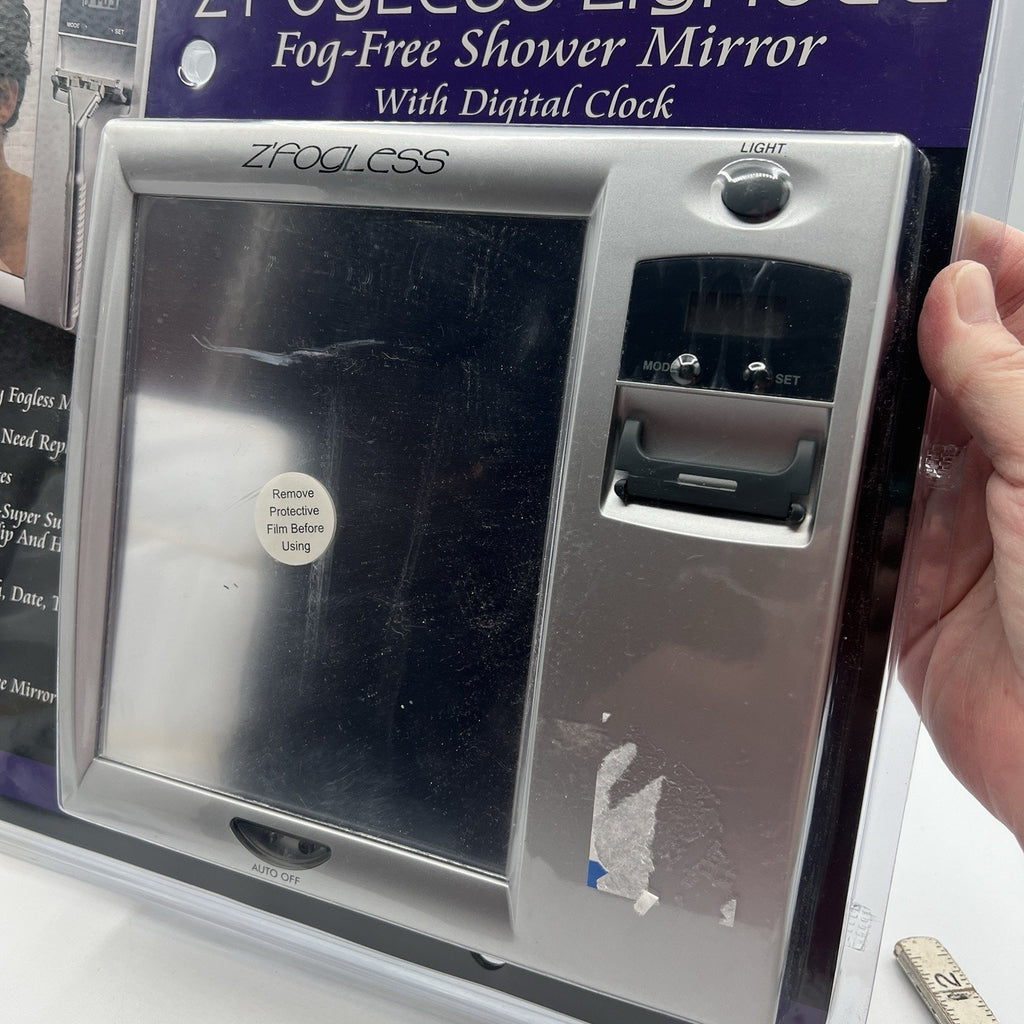 NEW Z’Fogless Fog Free Shower Mirror Lighted Clock Razor Holder Silver Gray 8x8