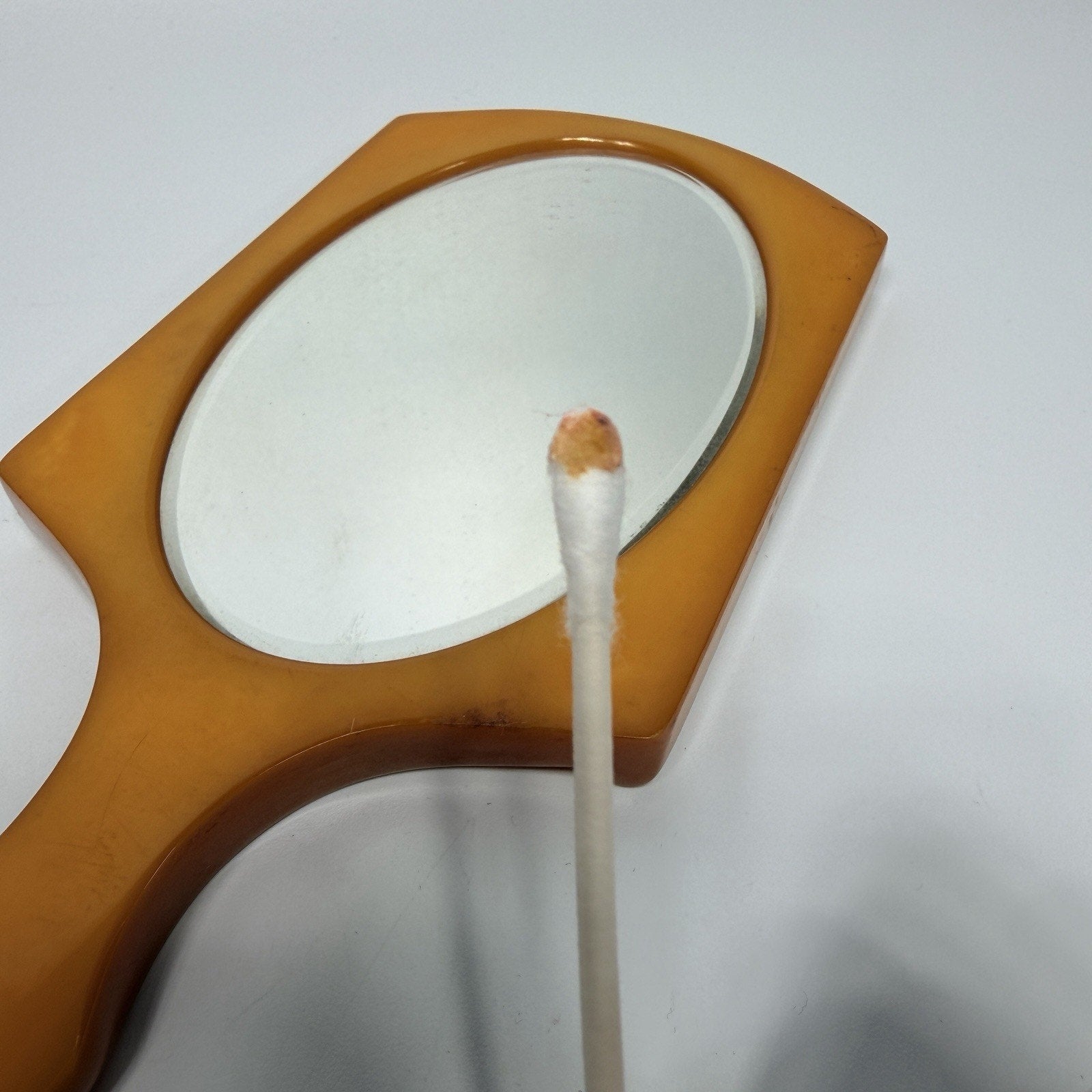 Butterscotch Bakelite Beveled Glass Handheld Vanity Mirror Elizabeth Arden 12"