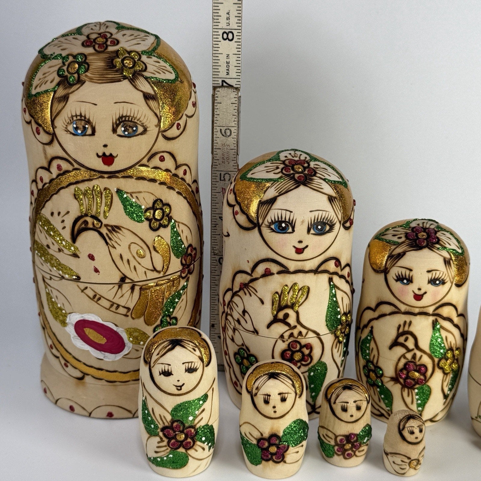 9 Pc Russian Nesting Doll Natural Wood Gold White Flowers Burned Painted 8.5"