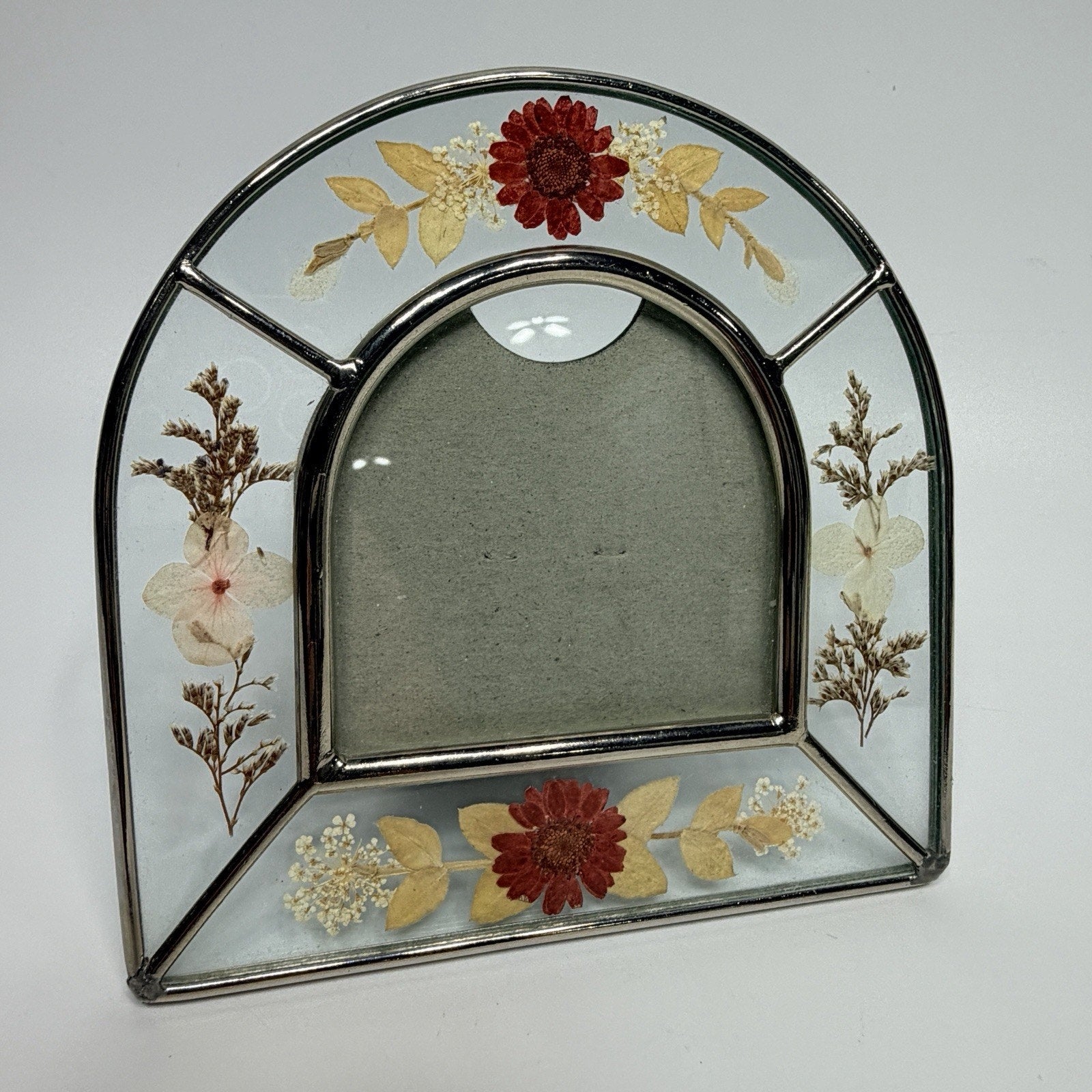 Vtg Metal Glass Pressed Dried Flowers Picture Frame Pink Red Beige Arch 5.5"