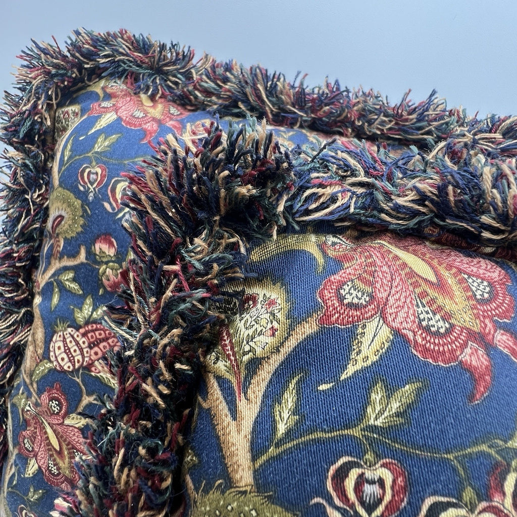 Navy Red Gold Floral Monkey Accent Pillows Fringe Square 14" Millefleurs
