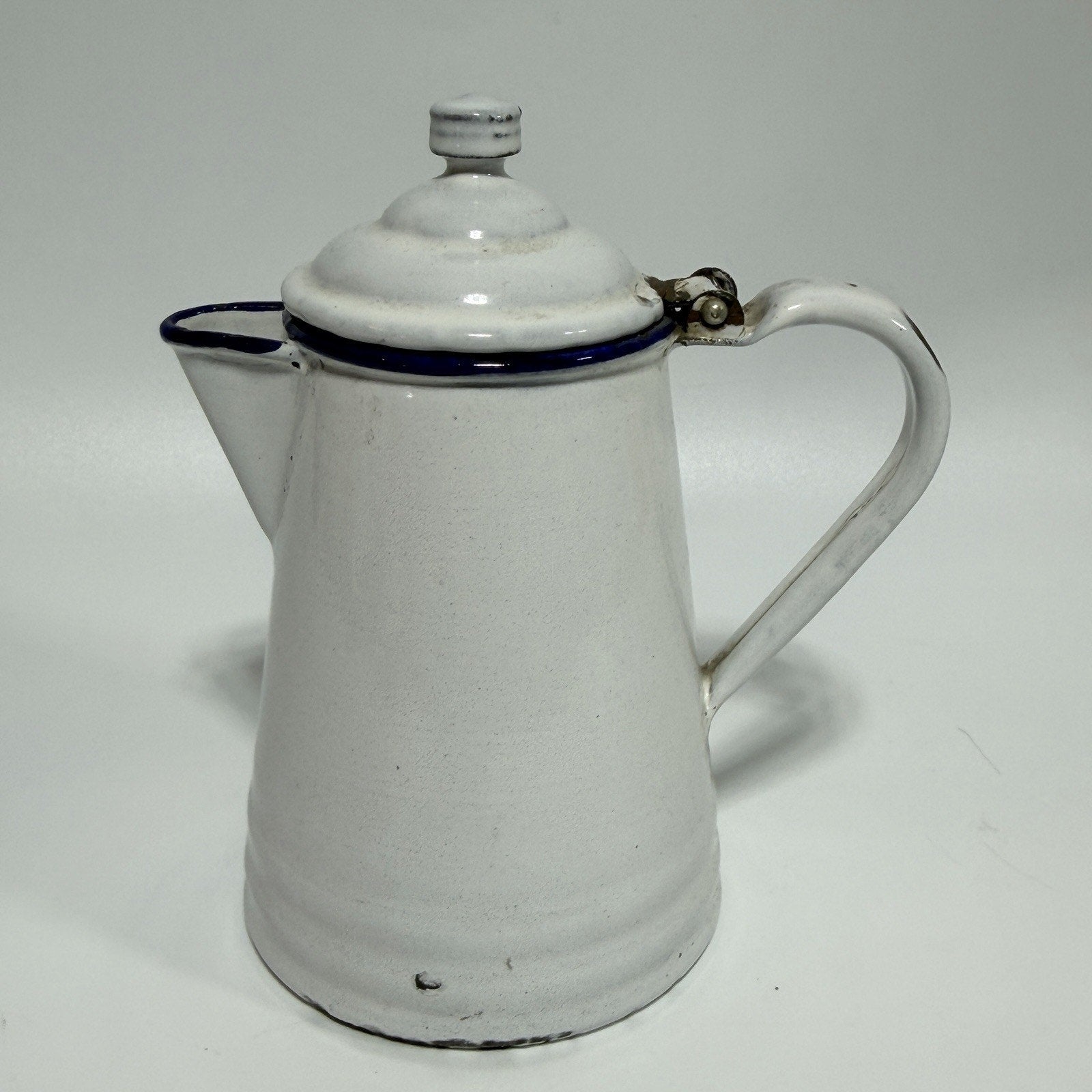 Vtg Small Enamel L&G White Blue Trim Hinged Lid 3 Cup Coffee Pot 6.5" AS IS