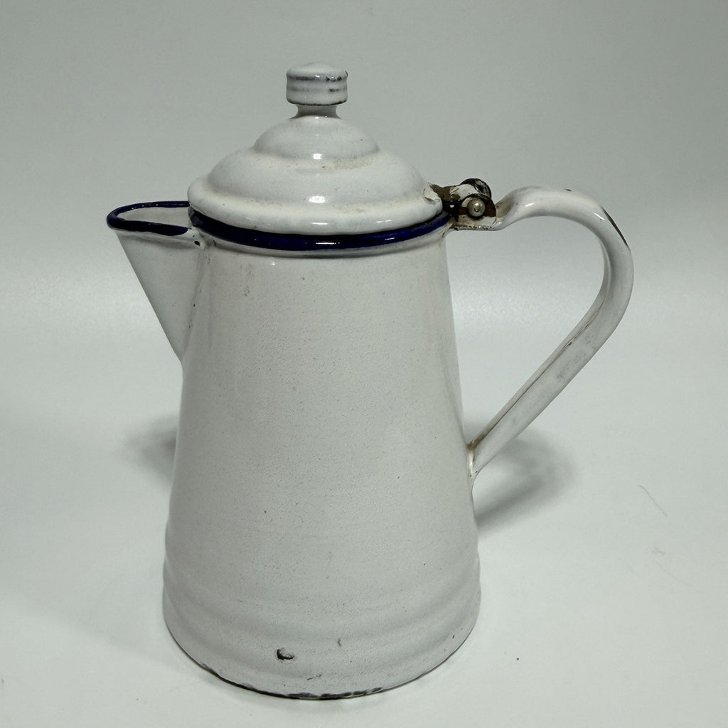 Vtg Small Enamel L&G White Blue Trim Hinged Lid 3 Cup Coffee Pot 6.5" AS IS