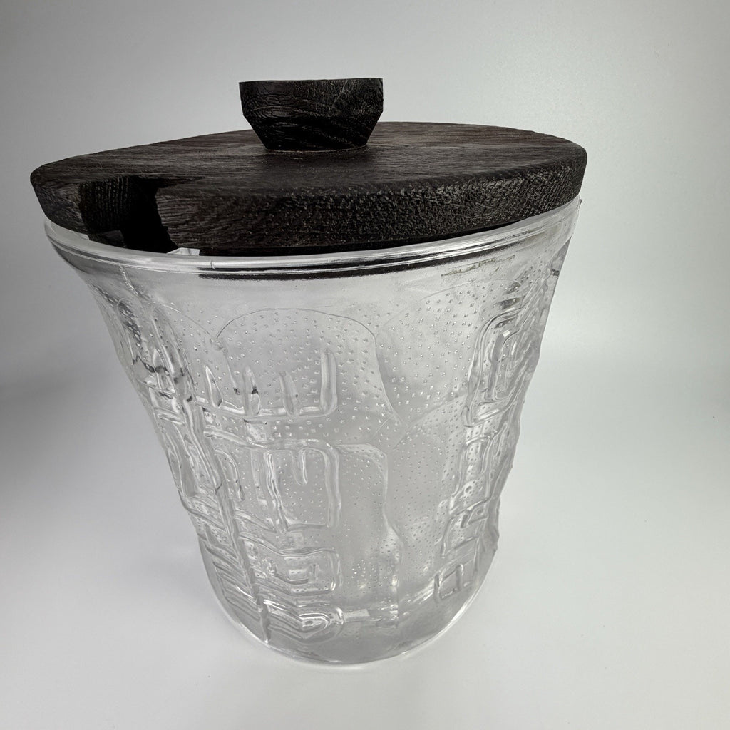 Vintage MCM Spiegelau Heavy Glass Tiki Ice Bucket 1970s Wood Lid 8" West Germany