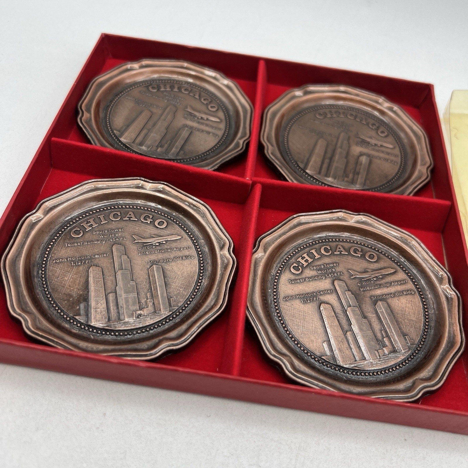 Set 4 Vintage Metal Chicago Souvenir Drink Coasters Bronze Barware O'Hare Sears