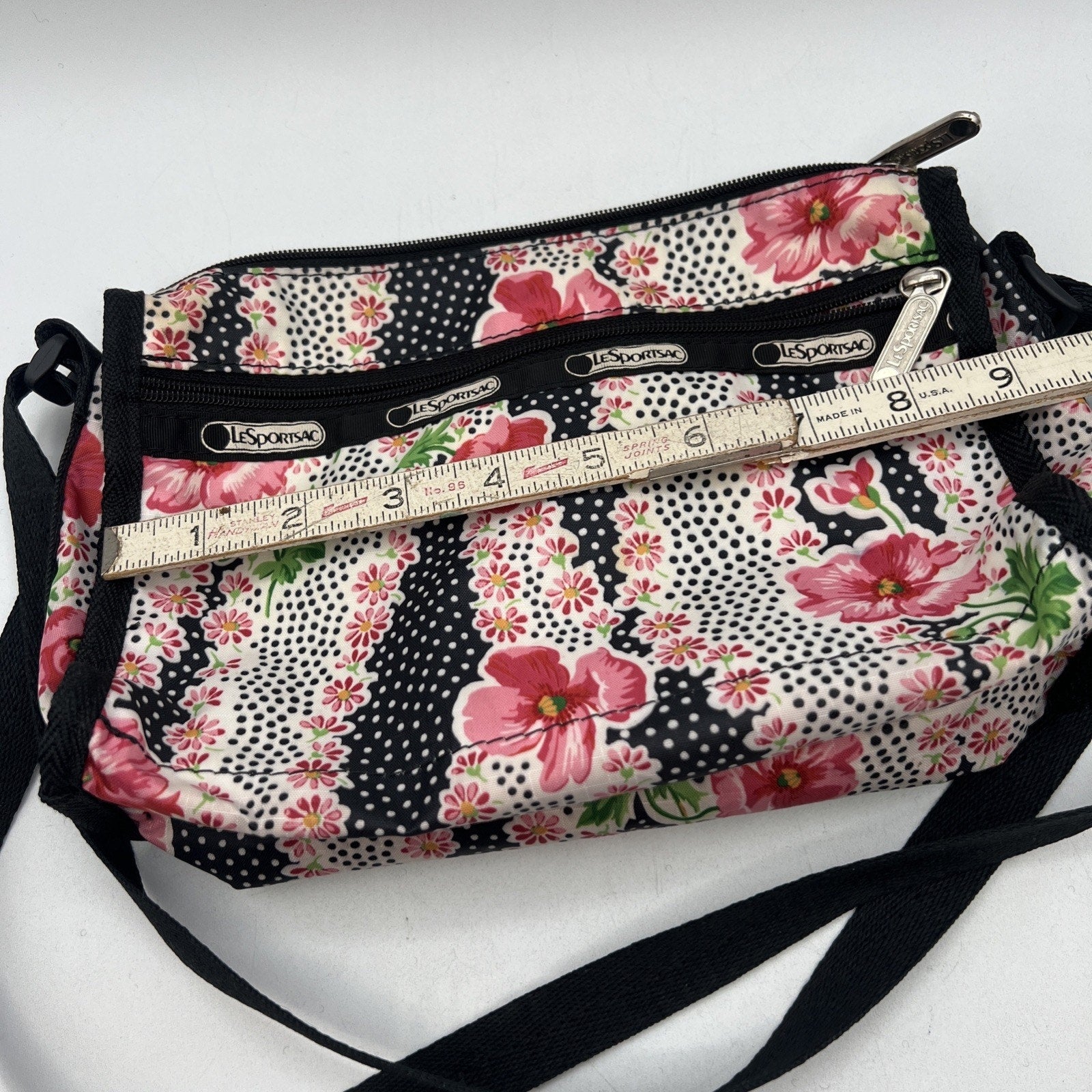 LeSportsac Pink Black Flowers Polka Dot Crossbody Purse 8.5" Nylon Travel USA