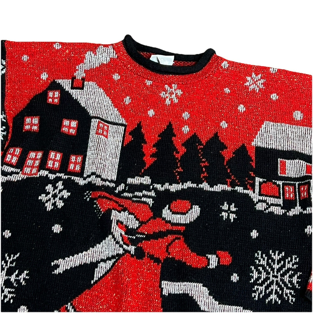 Vtg Large Metallic Ice Skaters Ugly Christmas Sweater 1980s Red Black Silver