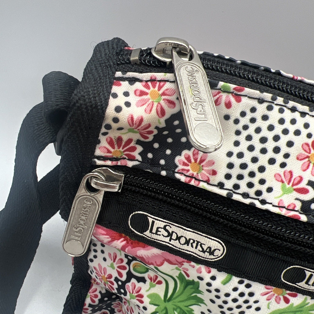 LeSportsac Pink Black Flowers Polka Dot Crossbody Purse 8.5" Nylon Travel USA