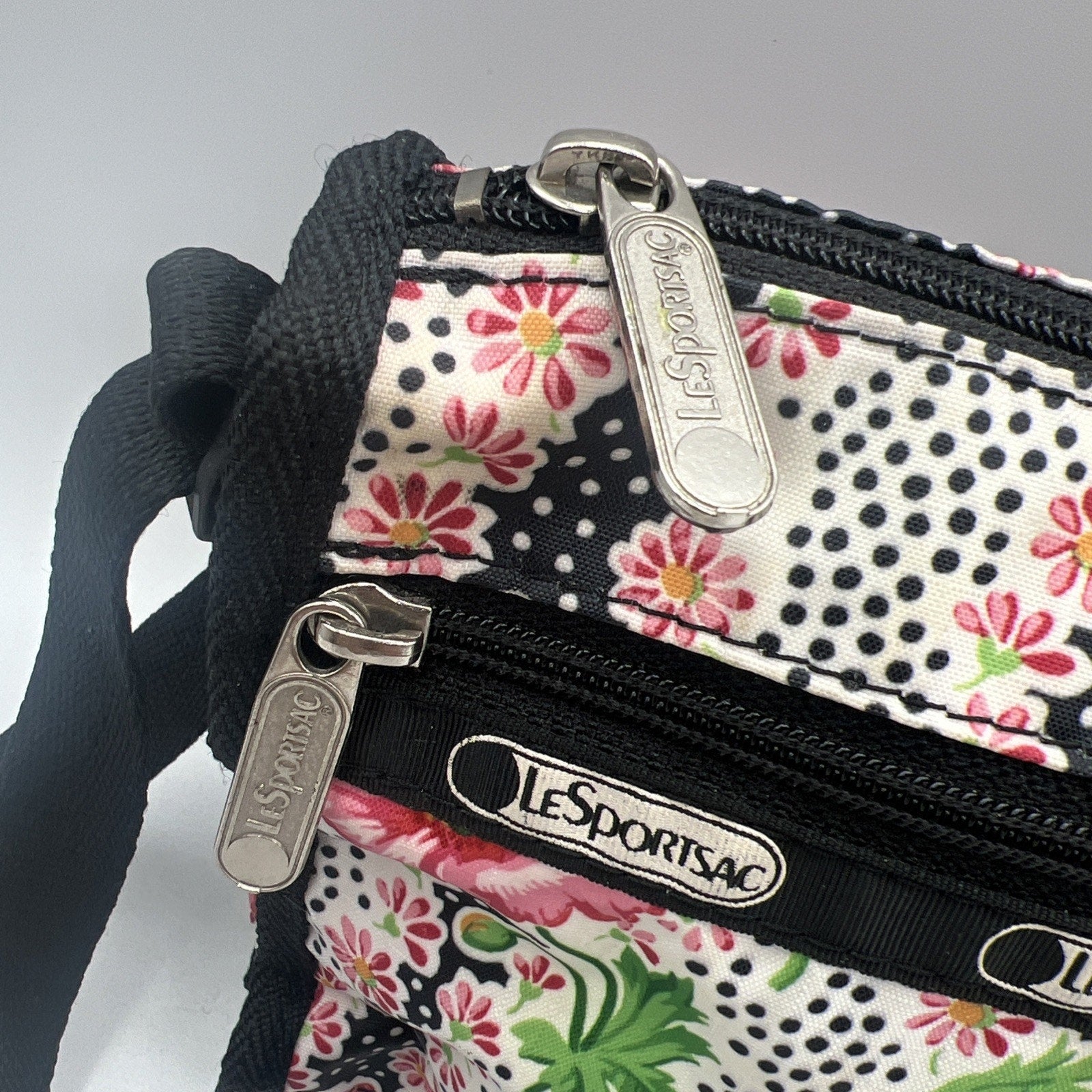 LeSportsac Pink Black Flowers Polka Dot Crossbody Purse 8.5" Nylon Travel USA