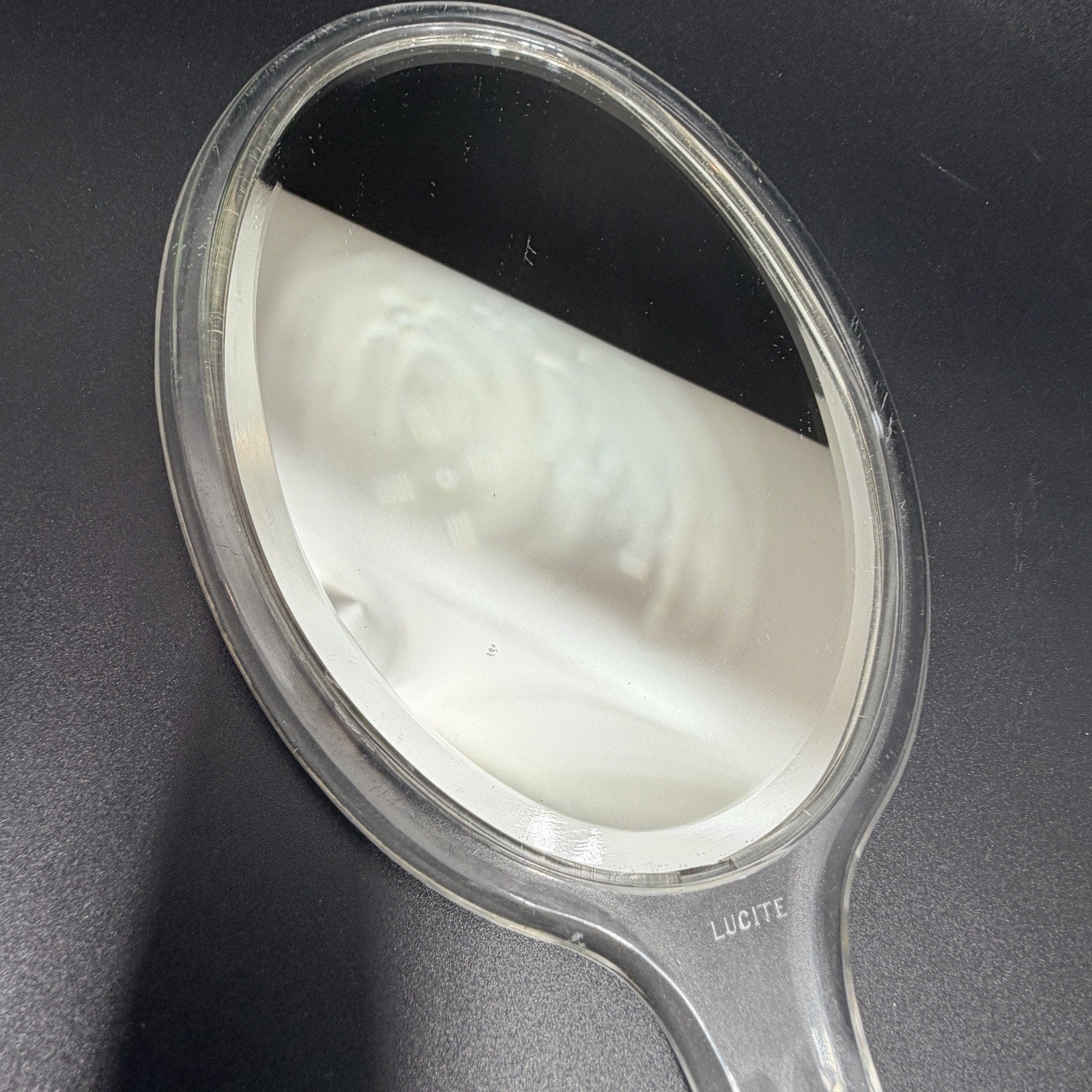 Vintage Clear Lucite Oval Hand Mirror Double Beveled Glass Marked 12" MCM Vanity