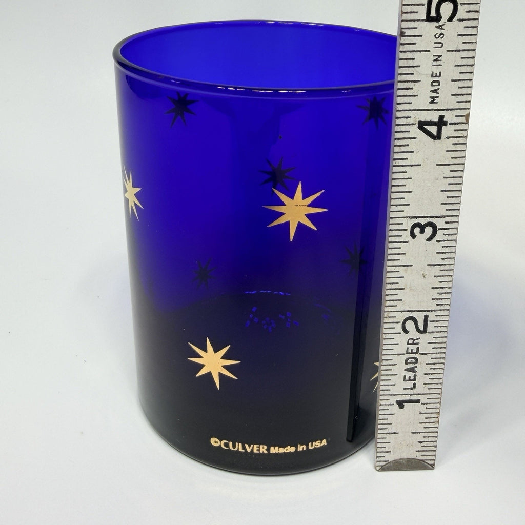 Culver Celestial Atomic Stars Tumbler Rocks Glass Cobalt Blue 22K Gold 4.25"