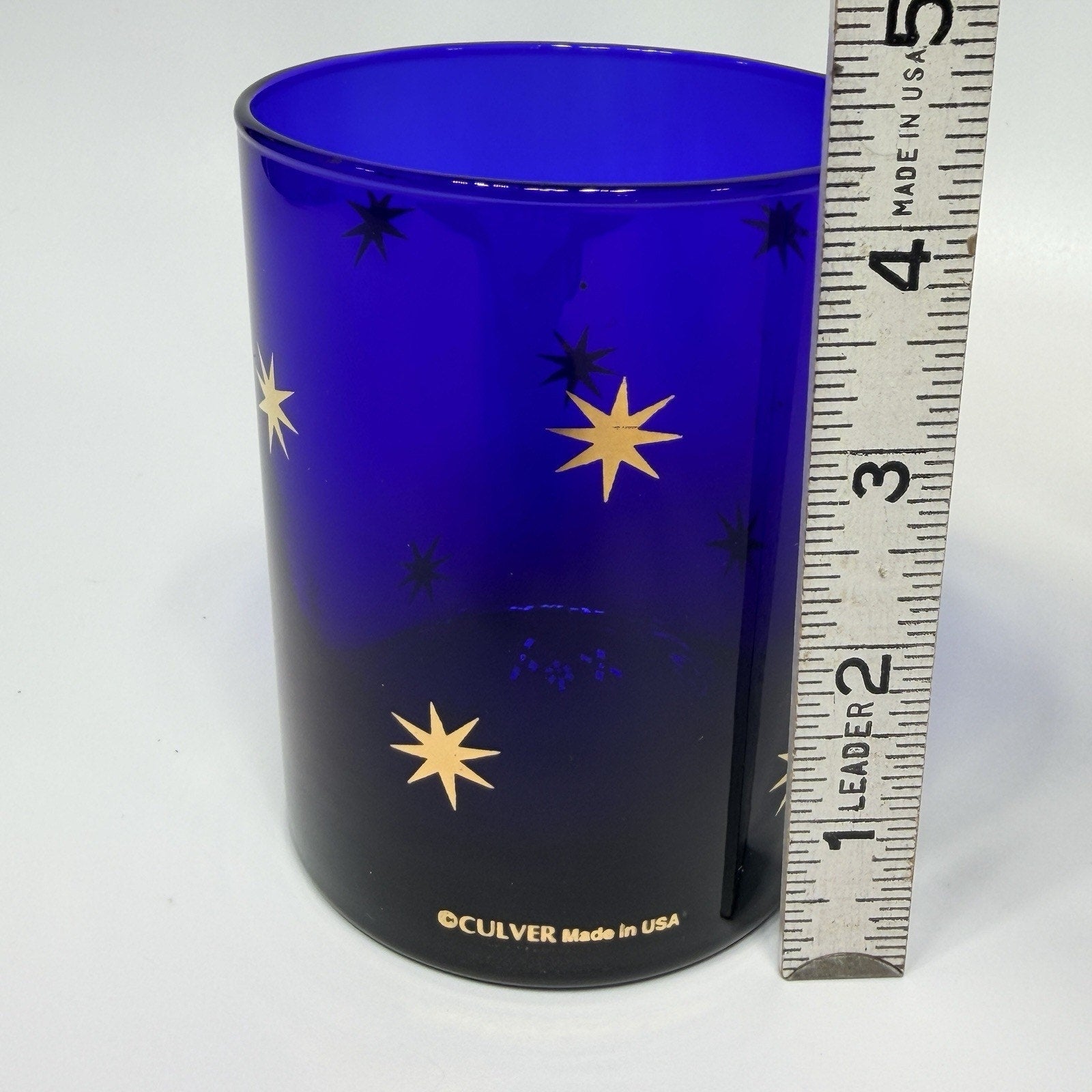 Culver Celestial Atomic Stars Tumbler Rocks Glass Cobalt Blue 22K Gold 4.25"