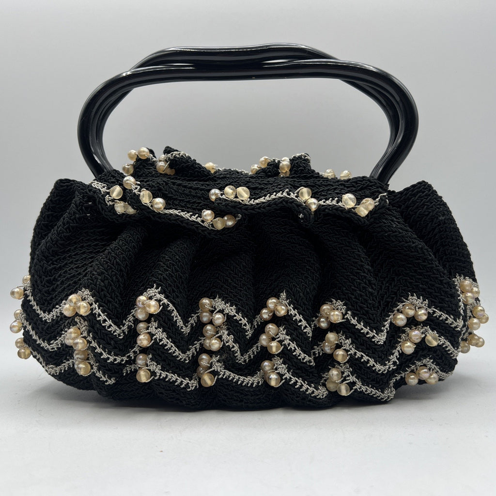 Vintage Hand Crocheted Beaded Purse 9" Lucite Handle Black Silver Hard Bottom