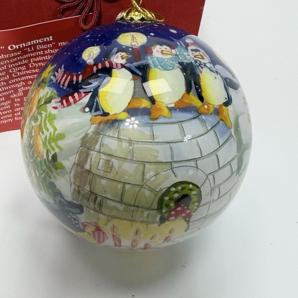 Pier 1 Li Bien Penguins Merry Bright Glass Christmas Ornament 4" Box 2010
