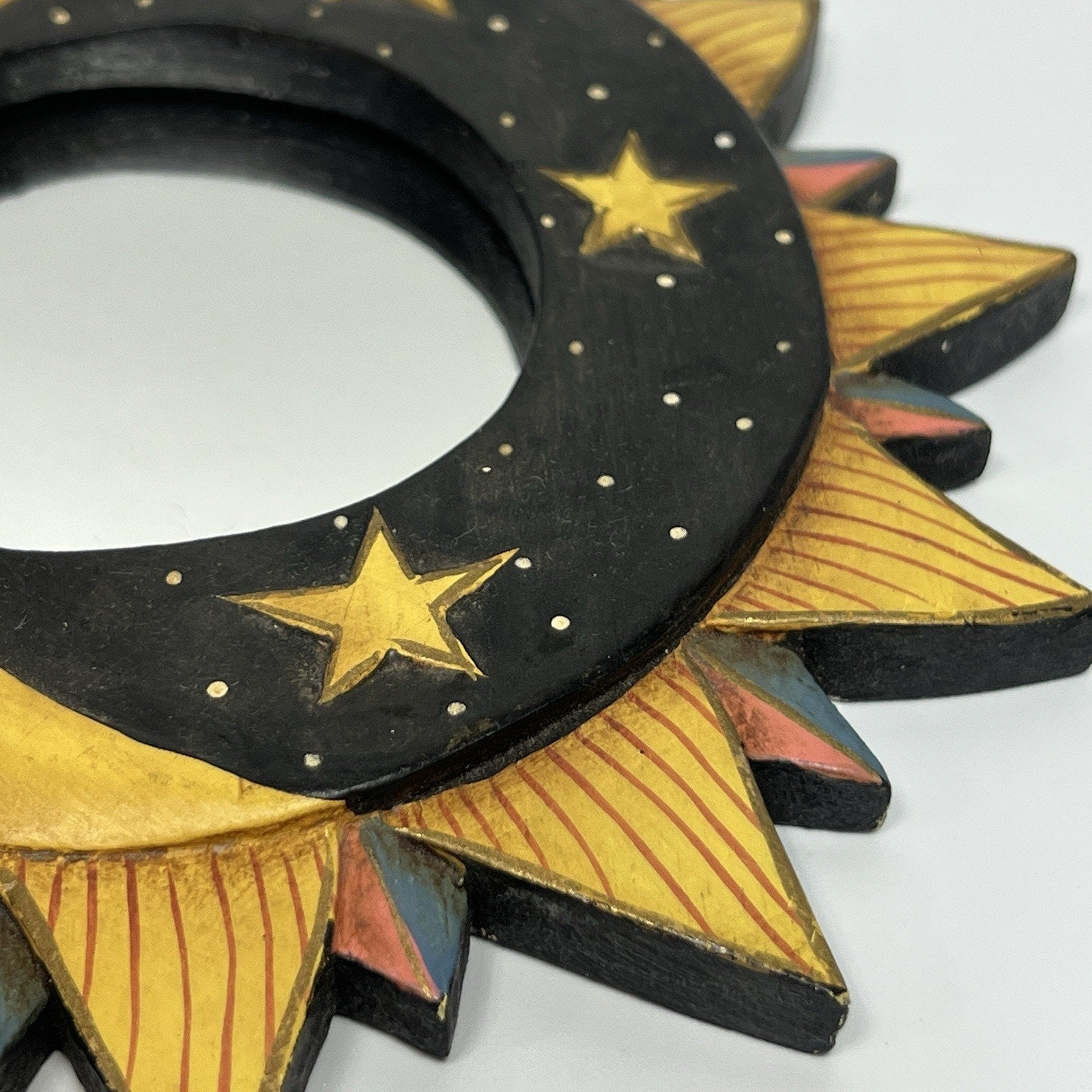 Vintage 90s Celestial Sun Moon Stars Mirror Painted Whimsygoth Black Yellow 8"