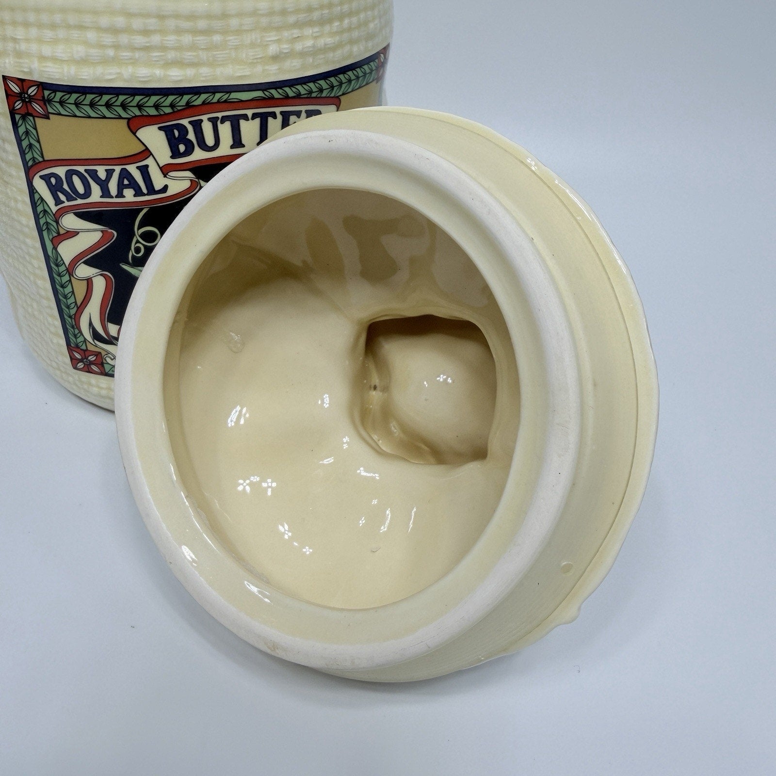 Vtg Large Hearth Burlap Sack Kitchen Canister Jar 1988 Royal Butter Beans 8.5"