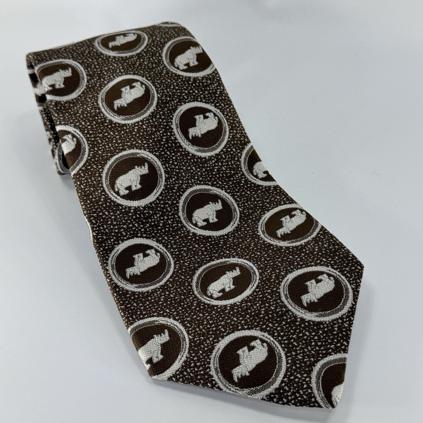Vintage 70s Brown White Rhino Rhinoceros Next Tie Classic Formal Superba 4.25"